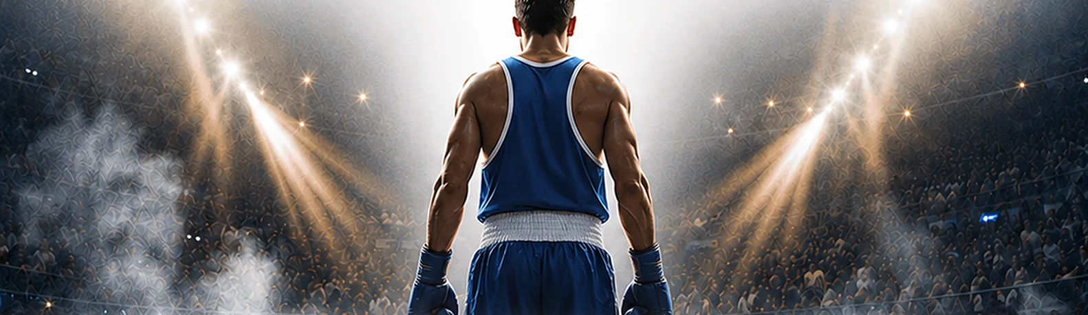 A boxer stands in a floodlit ring before a packed arena
